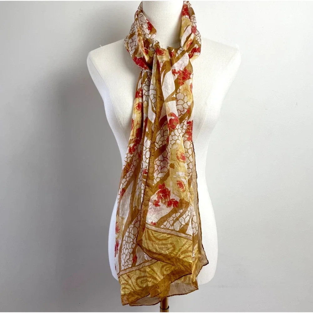 Vintage Silk Rectangle Scarf Brown Yellow Abstract Floral Hand Rolled